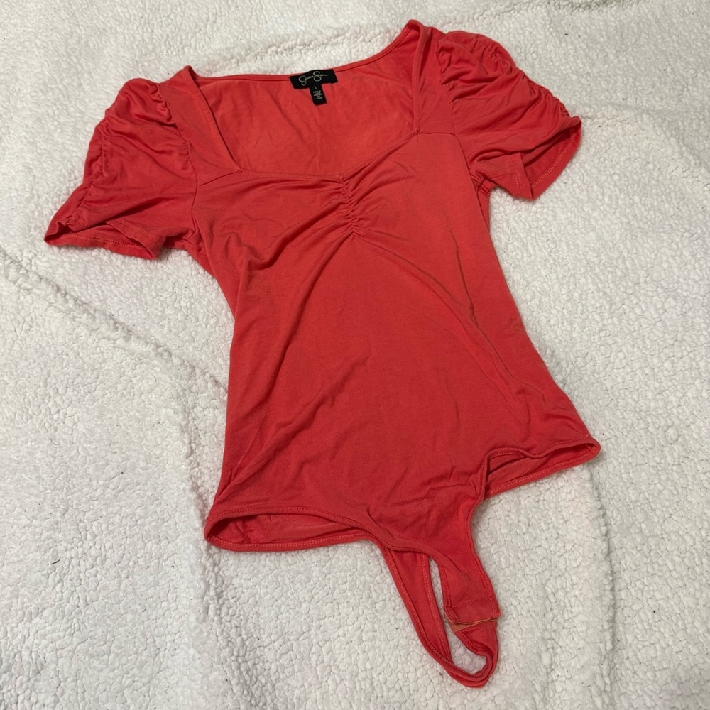 Jessica Simpson Blood Orange/Red Puff Sleeve Bodysuit with Tie Front